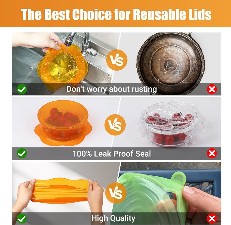 Rottogoon Silicone Stretch Lids for Food Storage in Fridge, Reusable Elastic Bowl Covers for Cup, Cans, Jars, Round & Rectangle Container, Food Grade Silicone Microwave Food Cover, Orange, 6PCS - Image 4