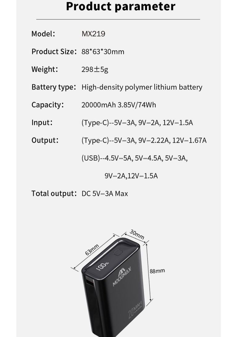 Moogmax Marvel Power Bank 20000 mAh. powerful 22.5W powerbank. mini power bank with a sleek design and compact size and weight. power bank fast charging with two charging ports (Type C charger & USB charger) support PD &QC. portable charger with a digital display. pawar bank that can be carried on airplanes. Blue. - Image 3
