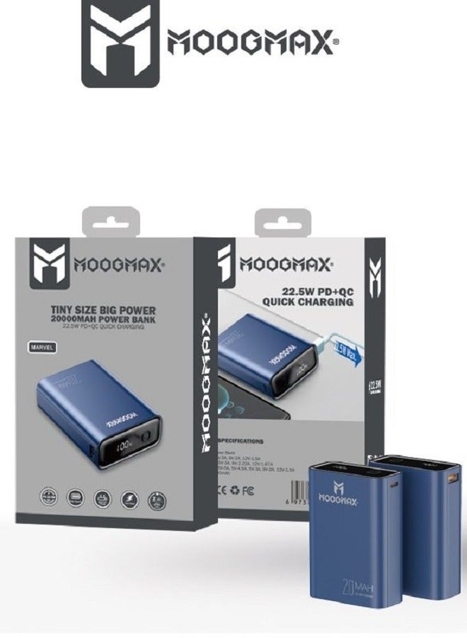 Moogmax Marvel Power Bank 20000 mAh. powerful 22.5W powerbank. mini power bank with a sleek design and compact size and weight. power bank fast charging with two charging ports (Type C charger & USB charger) support PD &QC. portable charger with a digital display. pawar bank that can be carried on airplanes. Blue. - Image 2