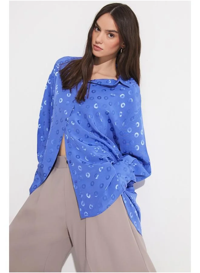 جون June Exclusive Self Patterned Viscose Shirt Blue