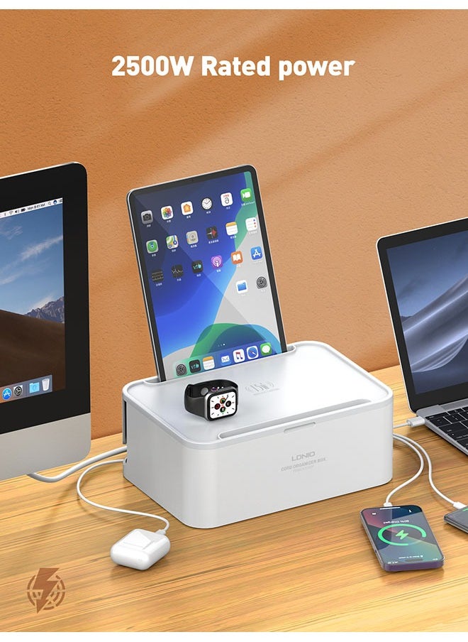 عربست - صندوق تمديد الطاقة وإدارة الكابلات 2 في 1 ، 5 منافذ عالمية ، 3 شرائط طاقة لكابل USB بطول 2 متر ، حقيبة تنظيمية أنيقة لحماية الأطفال الأليفة وسطح مكتب أنيق - Image 1