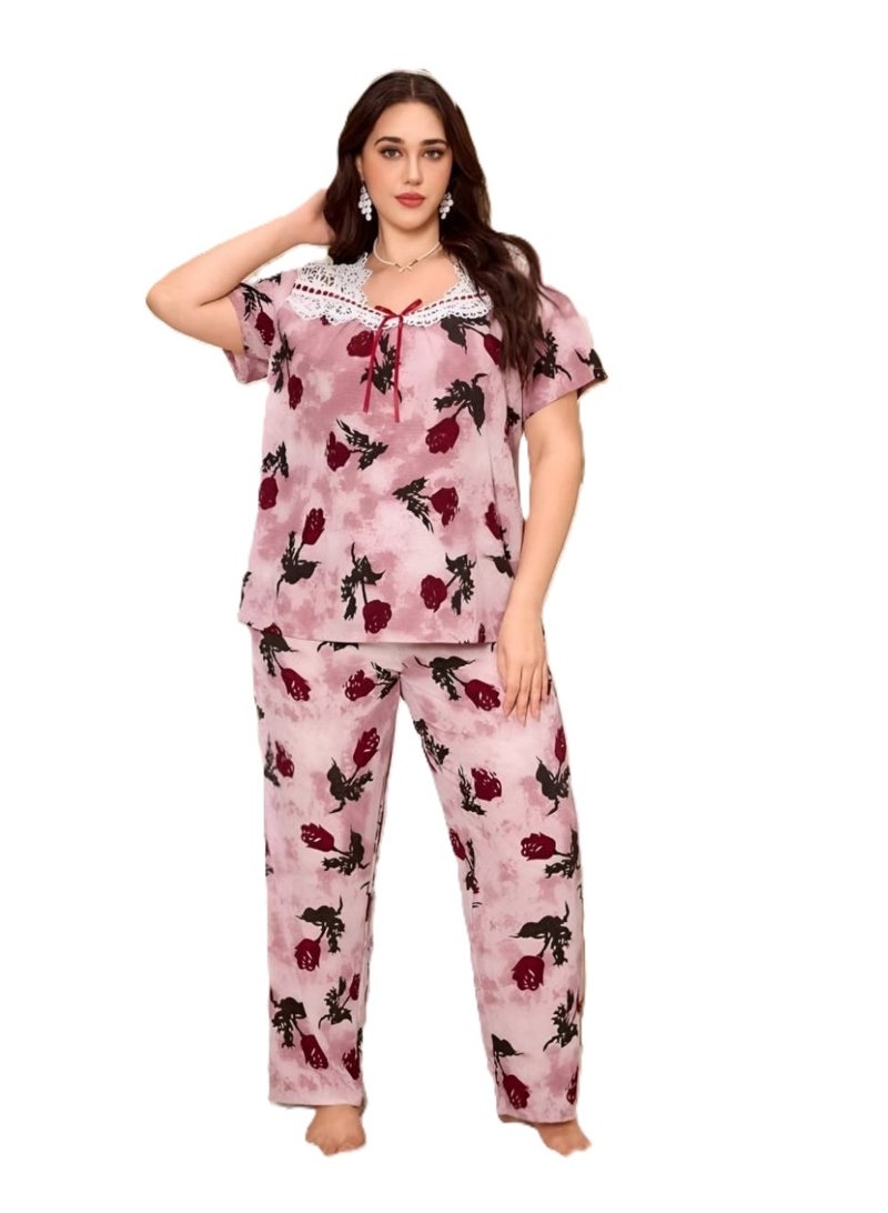 Women's Floral Print Pajama Set with Lace Trim, Short Sleeve Top & Long Pants - Image 5