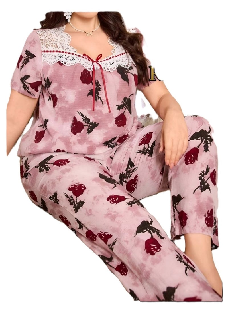 Women's Floral Print Pajama Set with Lace Trim, Short Sleeve Top & Long Pants - Image 3