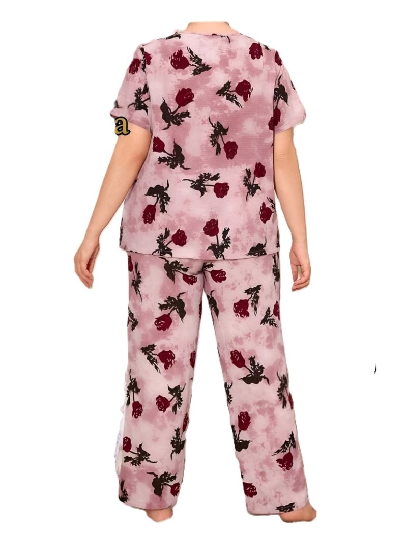 Women's Floral Print Pajama Set with Lace Trim, Short Sleeve Top & Long Pants - Image 4