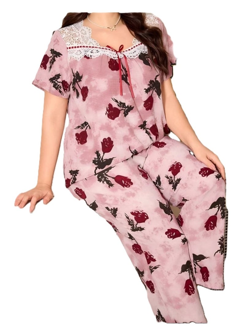 Women's Floral Print Pajama Set with Lace Trim, Short Sleeve Top & Long Pants - Image 2