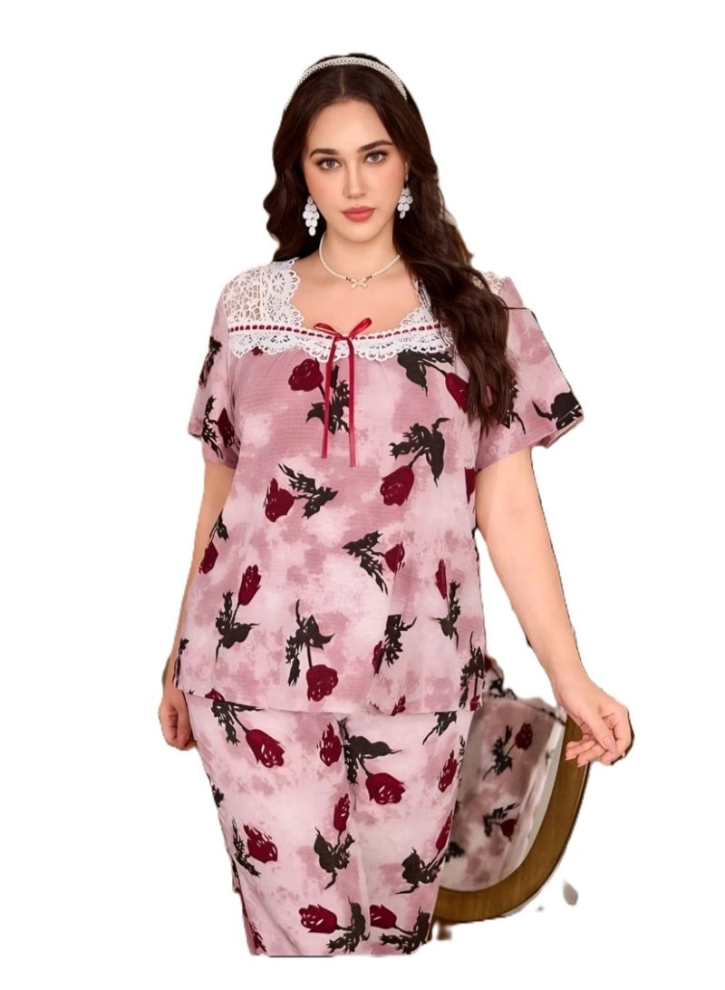 Women's Floral Print Pajama Set with Lace Trim, Short Sleeve Top & Long Pants - Image 1