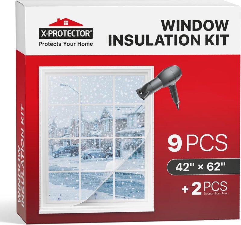 X-Protector Window Insulation for Winter - 9 Pack 42in x 62in - Clear Window Insulation Kit - Perfect Sealer from Cold - Plastic Thermal Cover to Keep The Home Warm! - Image 1