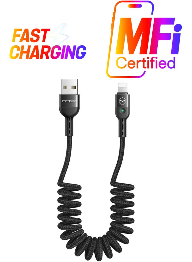 Mcdodo Coiled Elastic USB Cable for iPhone – Retractable Short Car Charger Cable for iPhone 11/11 Pro/11 Pro Max/X/XR/8/7 Plus – Stretchable to 1.8m (Straight, Black) - Image 1