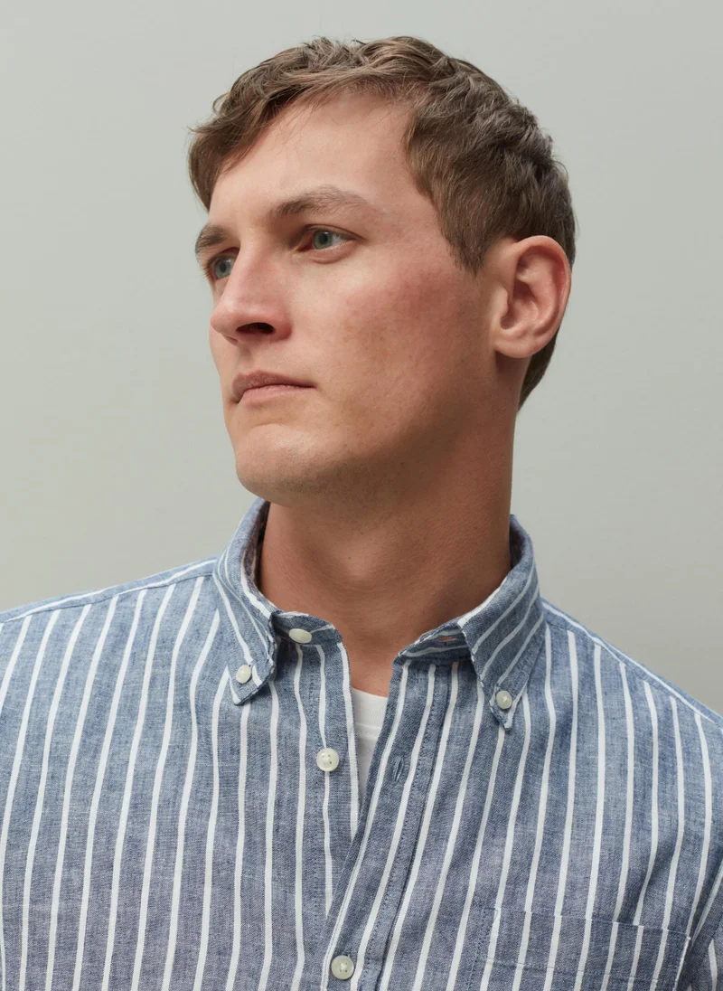 او في اس Ovs Piombo Regular-Fit Linen And Cotton Shirt With Stripes