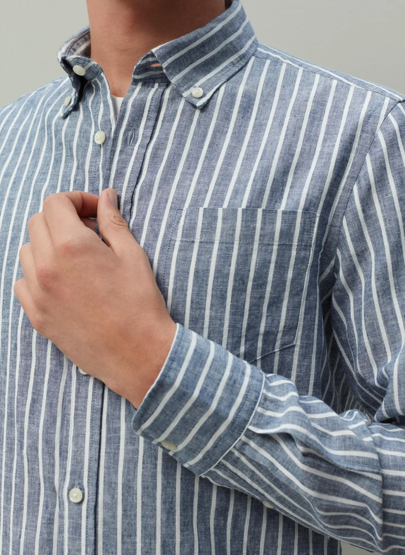 او في اس Ovs Piombo Regular-Fit Linen And Cotton Shirt With Stripes