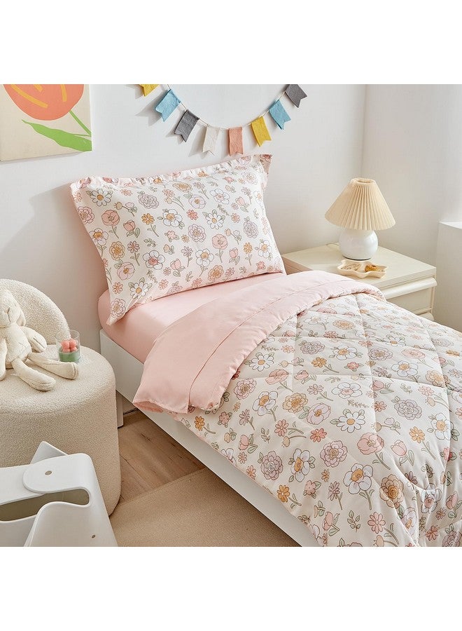 DuShow Floral 4 Piece Girls Toddler Bed Comforter Set Pink Flower Reversible Toddler Bedding Set Soft Baby Crib Bed Sheets Set in a Bag | Include Quilt Comforter,Flat Sheet,Fitted Sheet,Pillowcase - Image 2