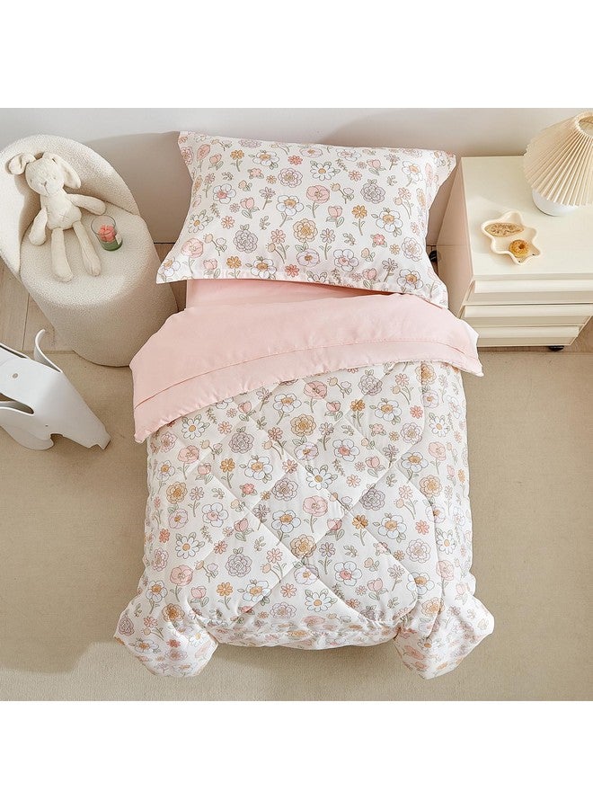 DuShow Floral 4 Piece Girls Toddler Bed Comforter Set Pink Flower Reversible Toddler Bedding Set Soft Baby Crib Bed Sheets Set in a Bag | Include Quilt Comforter,Flat Sheet,Fitted Sheet,Pillowcase - Image 3