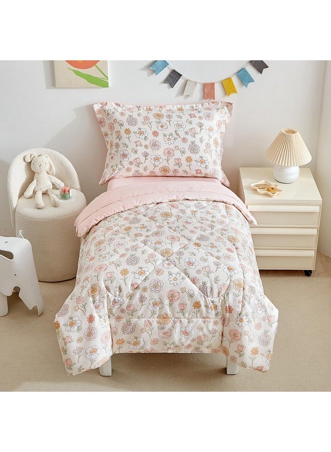 DuShow Floral 4 Piece Girls Toddler Bed Comforter Set Pink Flower Reversible Toddler Bedding Set Soft Baby Crib Bed Sheets Set in a Bag | Include Quilt Comforter,Flat Sheet,Fitted Sheet,Pillowcase - Image 1