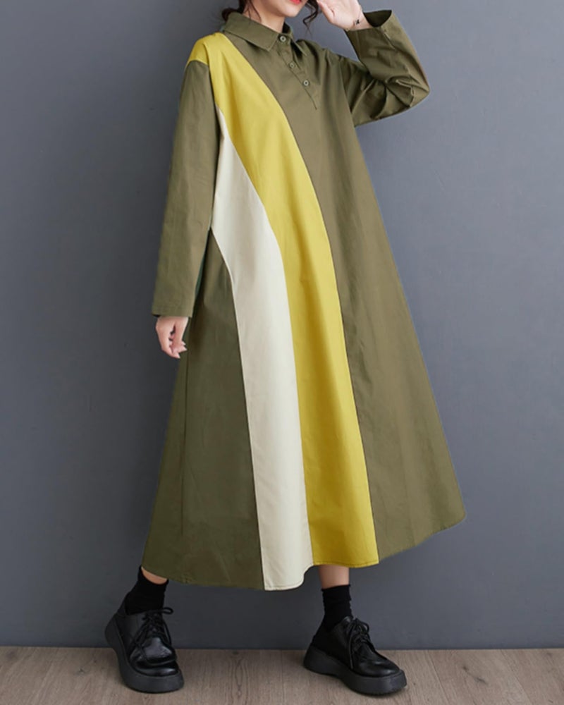 ellazhu Women's Loose Patchwork Color Block Lapel Long Sleeves Pullover Dress GZ32 Black - Image 3