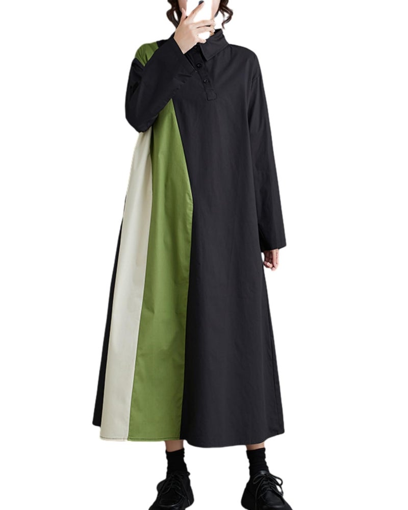 ellazhu Women's Loose Patchwork Color Block Lapel Long Sleeves Pullover Dress GZ32 Black - Image 1