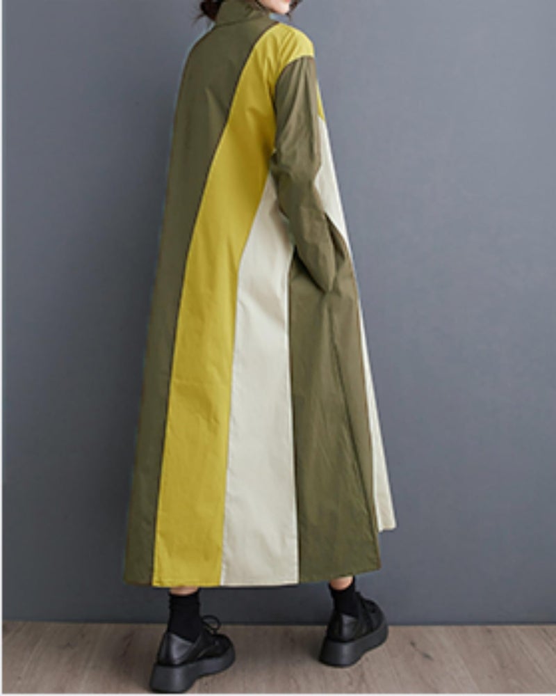 ellazhu Women's Loose Patchwork Color Block Lapel Long Sleeves Pullover Dress GZ32 Black - Image 5
