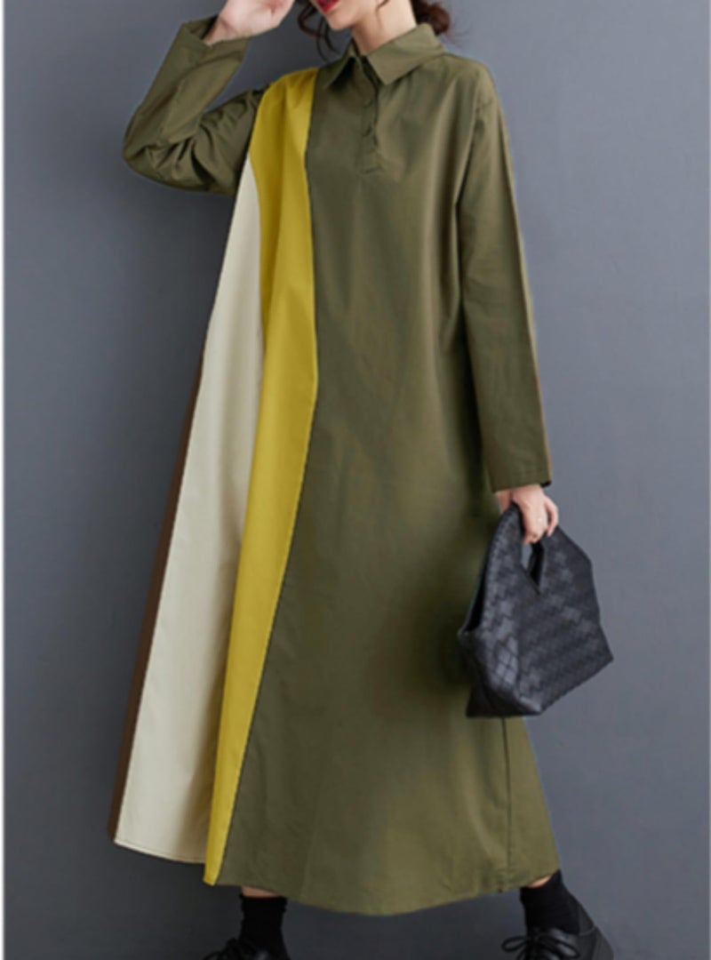 ellazhu Women's Loose Patchwork Color Block Lapel Long Sleeves Pullover Dress GZ32 Black - Image 4