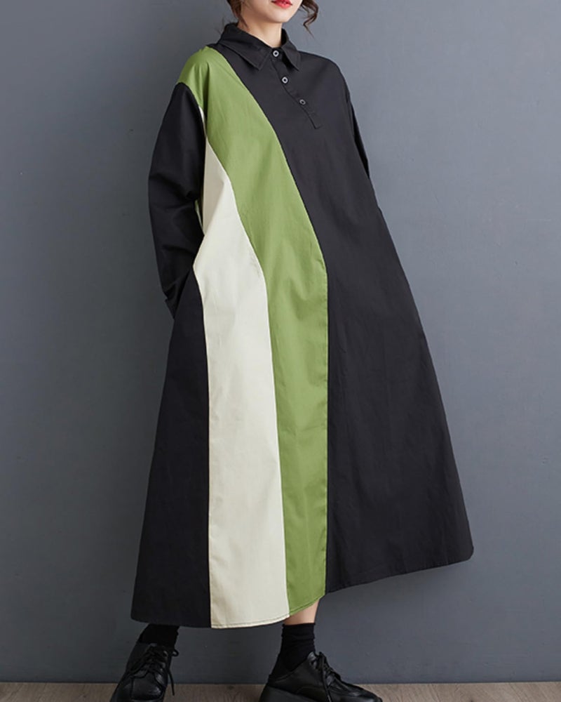 ellazhu Women's Loose Patchwork Color Block Lapel Long Sleeves Pullover Dress GZ32 Black - Image 2