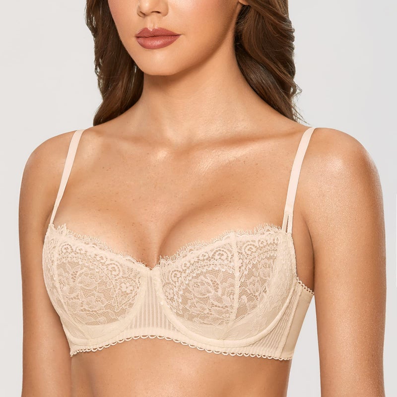 DOBREVA Women's Sexy Lace Push Up Plus Size Bra Sheer Balconette Underwire Unlined Beige 36DD - Image 4