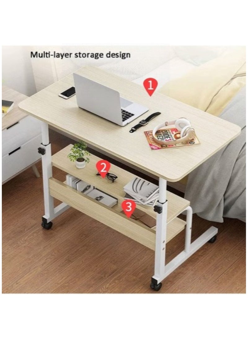 Multi-Tier Laptop Desk with Smooth and Lockable Wheels for Multi-Purpose White maple
