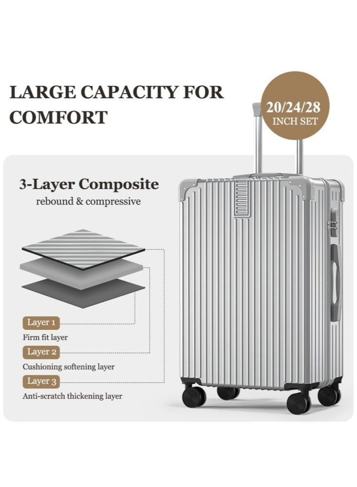 GGEROU Luggage Sets,Expandable Hardshell Luggage,3-piece (20/24/28)" Suitcase Sets,with Universal Wheels, Lightweight Travel Luggage with Lock, Silver - Image 2