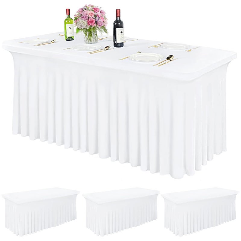 COFASHION Table Skirt for 6ft Tables Spandex White Table Cover with Skirt 3 Packs Stretchy Tablecloth WrinkleResistant Ruffles Elastic Table Covers for Wedding Banquet Birthday Parties