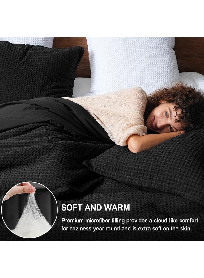 PHF 3 Pieces Waffle Weave Comforter Set Queen Size, Lightweight Breathable Comfy Bedding Set for All Season, Ultra Soft Textured Comforter Set with 2 Pillow Shams, Black - Image 2