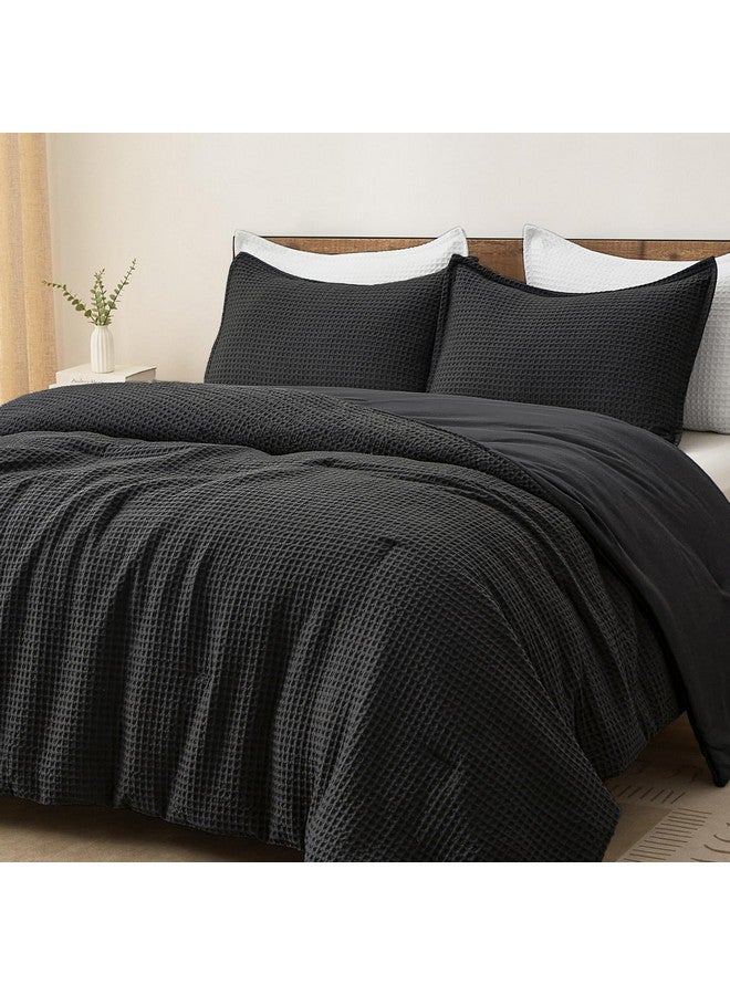 PHF 3 Pieces Waffle Weave Comforter Set Queen Size, Lightweight Breathable Comfy Bedding Set for All Season, Ultra Soft Textured Comforter Set with 2 Pillow Shams, Black - Image 1