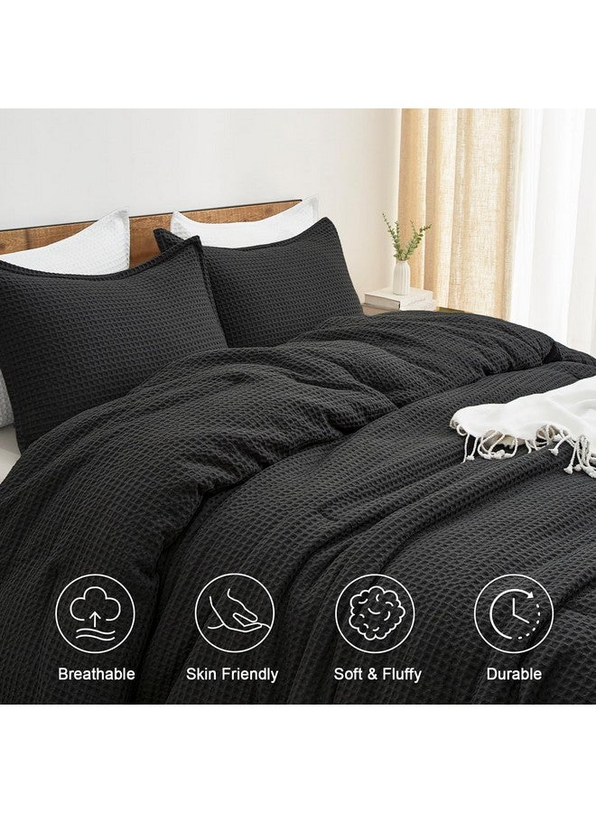 PHF 3 Pieces Waffle Weave Comforter Set Queen Size, Lightweight Breathable Comfy Bedding Set for All Season, Ultra Soft Textured Comforter Set with 2 Pillow Shams, Black - Image 3