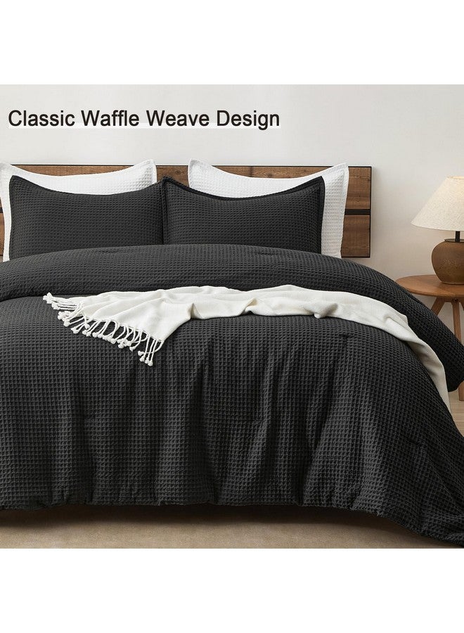 PHF 3 Pieces Waffle Weave Comforter Set Queen Size, Lightweight Breathable Comfy Bedding Set for All Season, Ultra Soft Textured Comforter Set with 2 Pillow Shams, Black - Image 5