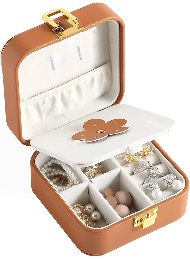 PROMASS Jewelry Box, Women Travel Case Organizer Boxes Bulk Storage Holder, Portable MINI Jewelry Box Built-In Makeup Mirror for Necklace, Bracelet, Earring, ​Ring, Brown - Image 1