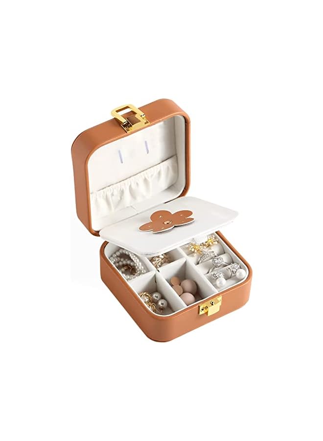 PROMASS Jewelry Box, Women Travel Case Organizer Boxes Bulk Storage Holder, Portable MINI Jewelry Box Built-In Makeup Mirror for Necklace, Bracelet, Earring, ​Ring, Brown - Image 2