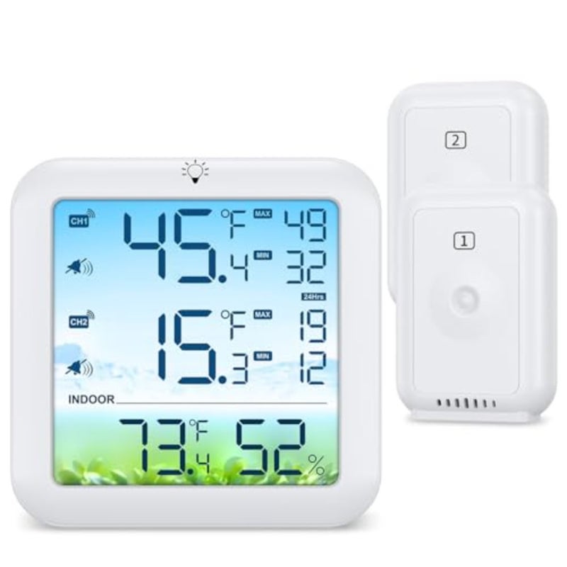 Wireless Fridge and Freezer Thermometer with Alarm, Max/Min Records, Digital, Remote Range, Magnetic Stand Options, ABS Plastic, White, Real-time Monitoring - Image 1
