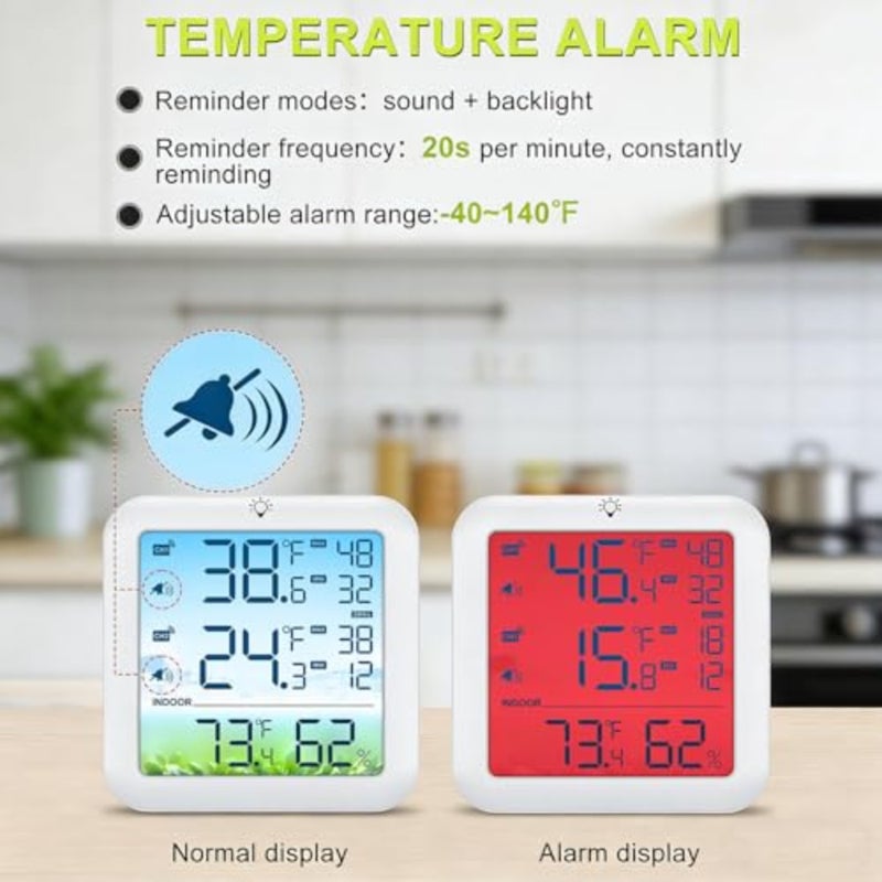 Wireless Fridge and Freezer Thermometer with Alarm, Max/Min Records, Digital, Remote Range, Magnetic Stand Options, ABS Plastic, White, Real-time Monitoring - Image 3