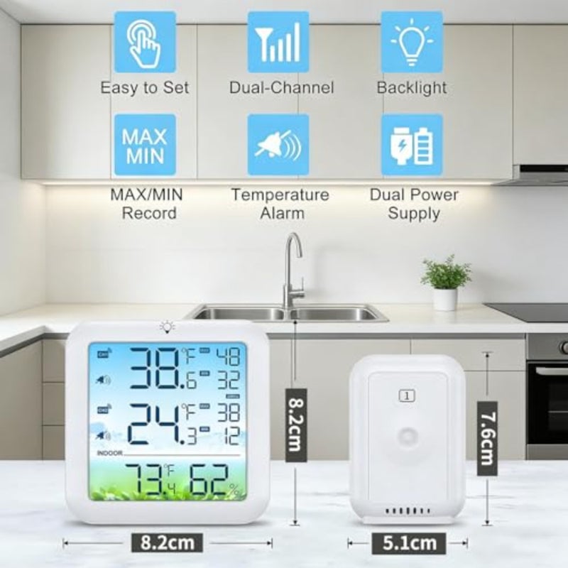 Wireless Fridge and Freezer Thermometer with Alarm, Max/Min Records, Digital, Remote Range, Magnetic Stand Options, ABS Plastic, White, Real-time Monitoring - Image 2