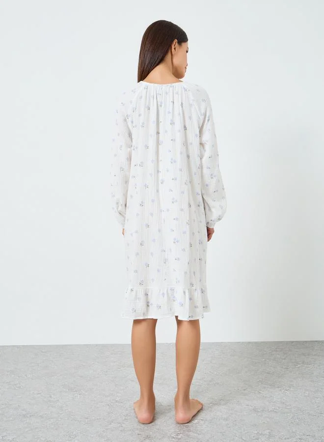 Styli  Cotton Gauze Floral Print Ruffle Edge Nightdress for Women | Best Price UAE