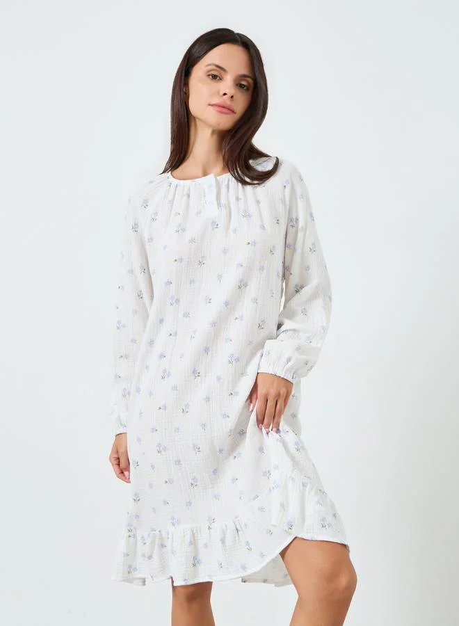 ستايلي فستان نوم قطني بنقشة زهور وحافة مكشكشة