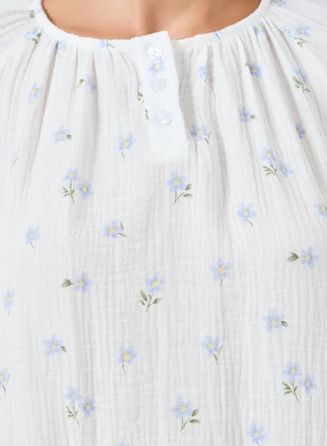 Styli  Cotton Gauze Floral Print Ruffle Edge Nightdress for Women | Best Price UAE