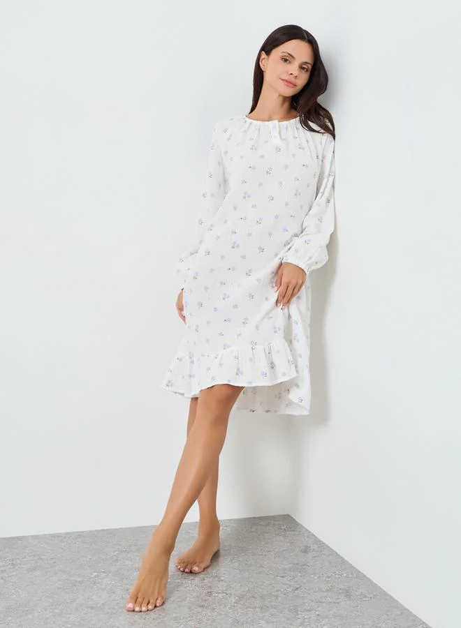 ستايلي فستان نوم قطني بنقشة زهور وحافة مكشكشة