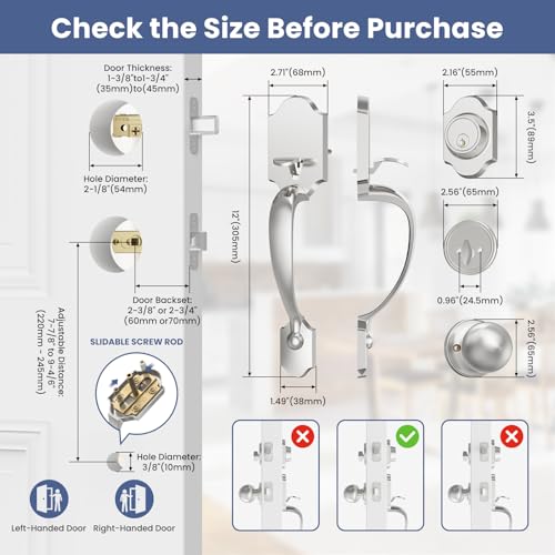 Estmoon Front Door Lock and Deadbolt Set, Satin Nickel Exterior Door Handle with Interior Door Knob for Front Doors, Entry Door Handle and Single Cylinder Deadbolt Reversible for Left&Right Hand Doors - Image 5