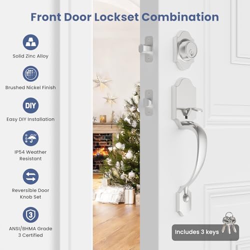 Estmoon Front Door Lock and Deadbolt Set, Satin Nickel Exterior Door Handle with Interior Door Knob for Front Doors, Entry Door Handle and Single Cylinder Deadbolt Reversible for Left&Right Hand Doors - Image 2