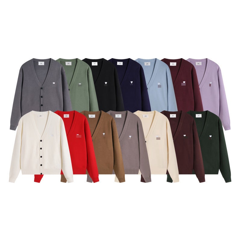 Korean Trendy Brand New Small Heart Knitted Embroider Simple Men'S And Women'S V Neck Knitted Sweater Jacket Versatile Men'S Trendy - Image 2
