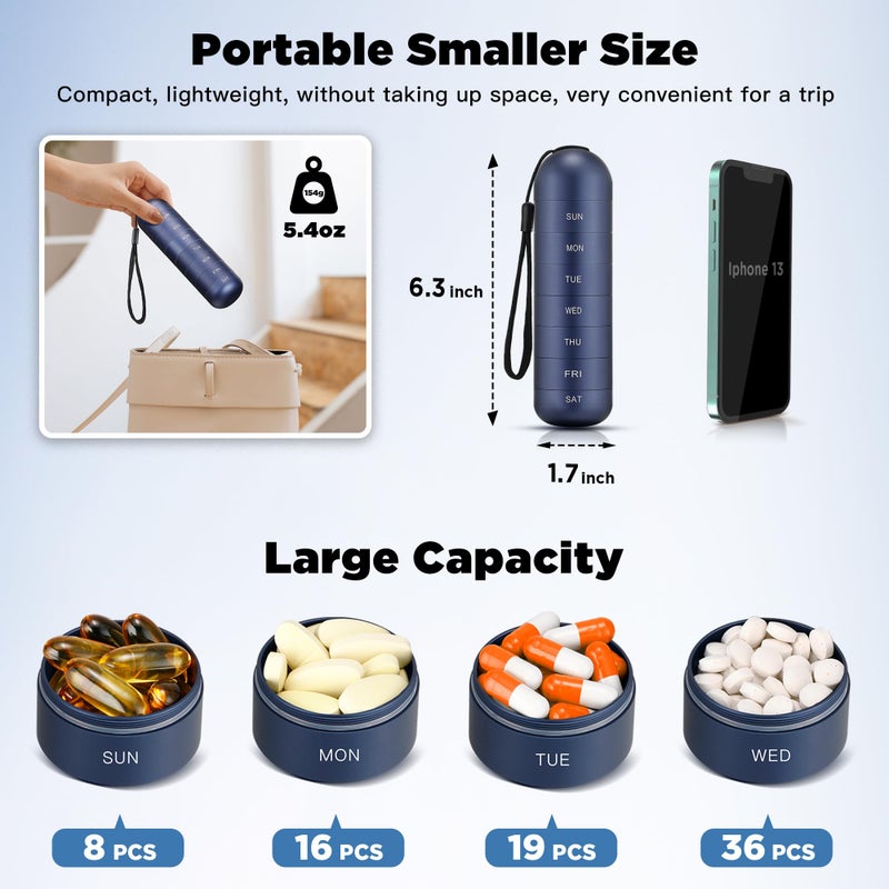 Zannaki Metal Moisture Proof Weekly Pill Organizer, Stackable Aluminum Alloy BPA Free Travel Hiking 7 Day Pill Box Case Waterproof and Large Compartment to Hold Pills, Vitamins, Fish Oil, Supplements - Image 2
