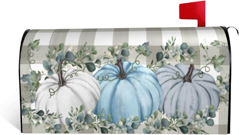 ARKUKT Autumn Fall Mailbox Cover Magnetic Blue Pumpkin Leaves Checkered Mailbox Wraps Post Letter Box Cover for Garden Yard Home Decor Standard Size 21" x 18" - Image 1