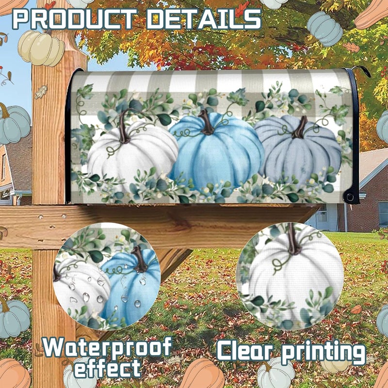 ARKUKT Autumn Fall Mailbox Cover Magnetic Blue Pumpkin Leaves Checkered Mailbox Wraps Post Letter Box Cover for Garden Yard Home Decor Standard Size 21" x 18" - Image 4