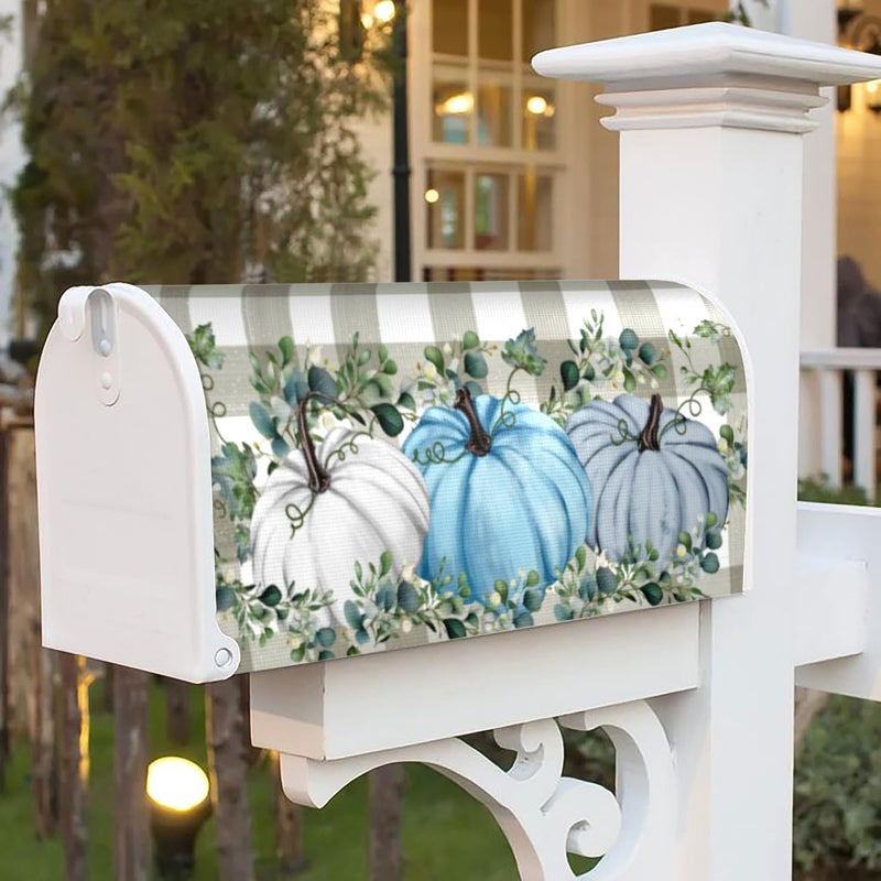ARKUKT Autumn Fall Mailbox Cover Magnetic Blue Pumpkin Leaves Checkered Mailbox Wraps Post Letter Box Cover for Garden Yard Home Decor Standard Size 21" x 18" - Image 2