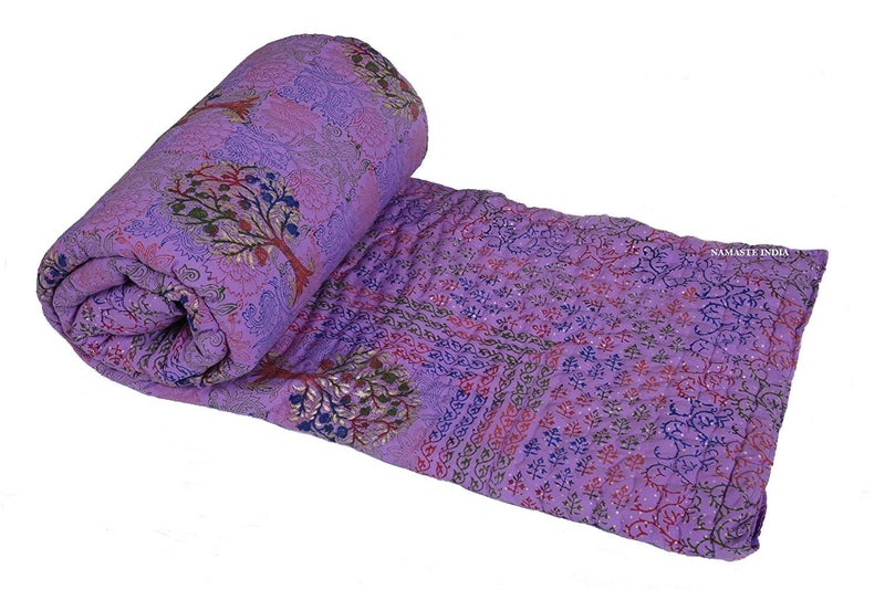 Hopee Shop Hand Block Tree with Gold Printed Cotton RazaiKing Size Pure Cotton Unique Jaipuri Quilt for HomeDouble Bed Rajasthani Rajai 90x105 Inches - Image 2