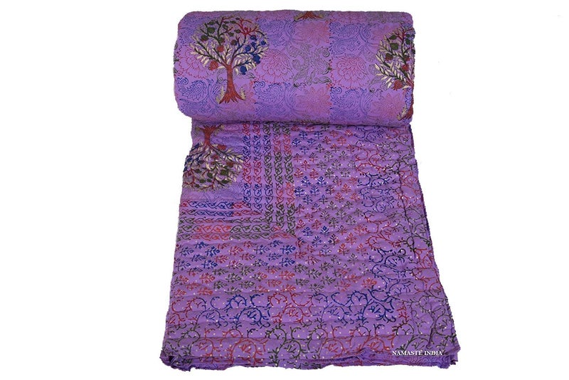 Hopee Shop Hand Block Tree with Gold Printed Cotton RazaiKing Size Pure Cotton Unique Jaipuri Quilt for HomeDouble Bed Rajasthani Rajai 90x105 Inches - Image 1