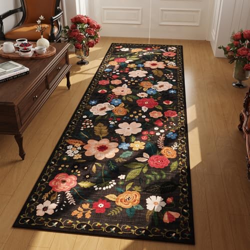 Rugcomf Runner Rug for Hallways Kitchen Rug Non Slip 2'6''x8' Washable Runner Rugs with Rubber Backing Soft Floral Carpet Runner for Hallways, Kitchen, Laundry, Bedroom, Bathroom(Black) - Image 1