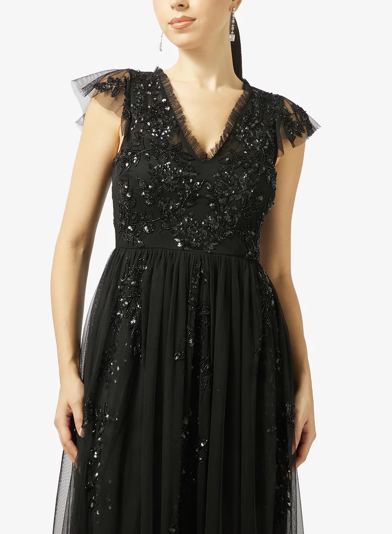 Maya  Embellished Ruffle Detail Tulle Maxi Dress for Women | Best Price UAE